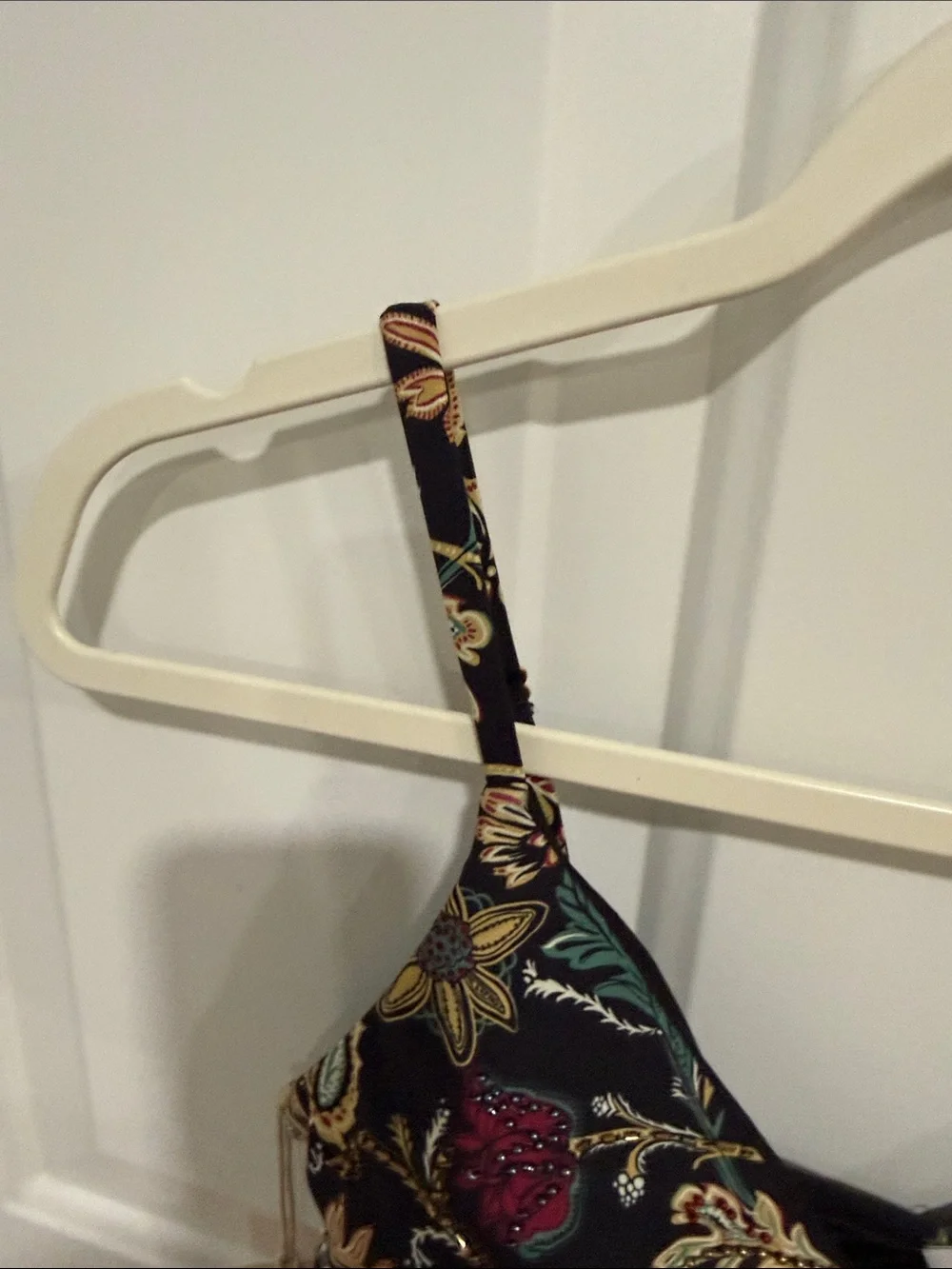Black Floral V-Neck One-Piece Swimsuit with Red & Green Blooms